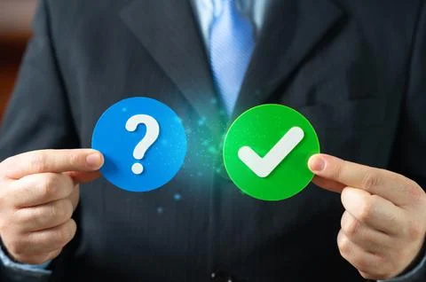 A businessman has found a solution to the problem. Give consent and confirm.. Foto stock