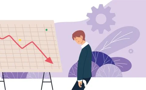 Businessman with headache and decrease arrow on board with leaves vector design 库存插图