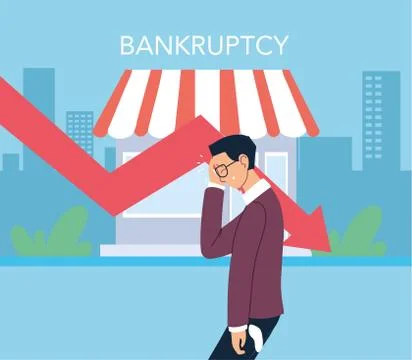 Businessman with headache and decrease arrow in front of store vector design Illustrazione stock