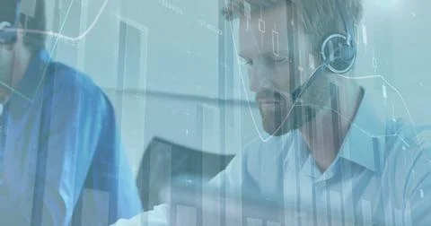 Businessman with headset analyzing digital data charts at office, focused on Illustrazione stock