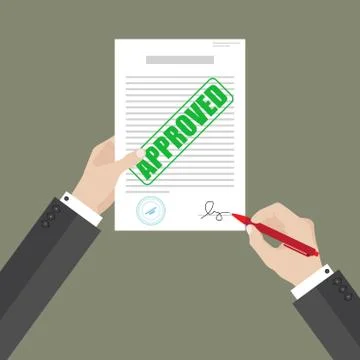Businessman hold approved document with left hand and sign it with right hand Illustrazione stock