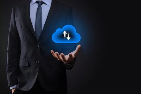 Businessman hold cloud icon.Cloud computing concept - connect smart phone to Foto stock