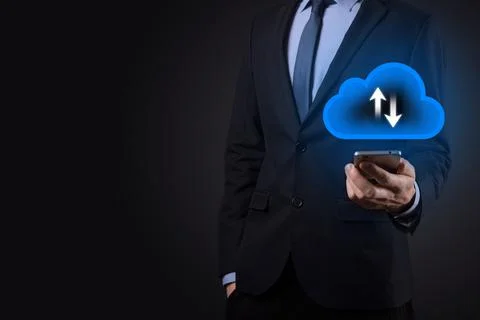 Businessman hold cloud icon.Cloud computing concept - connect smart phone to Foto stock