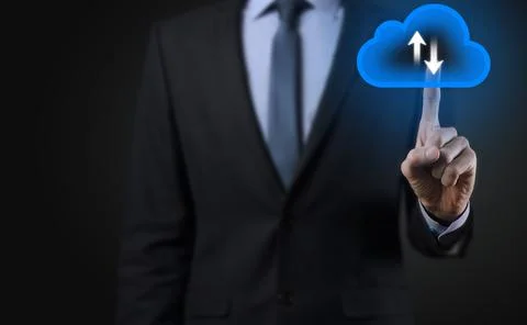 Businessman hold cloud icon.Cloud computing concept - connect smart phone to  스톡 사진