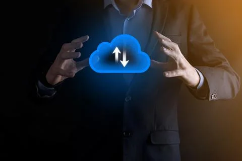 Businessman hold cloud icon.Cloud computing concept - connect smart phone to  Foto stock