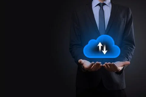 Businessman hold cloud icon.Cloud computing concept - connect smart phone to  Foto stock