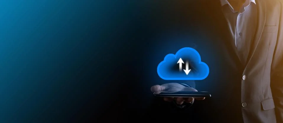 Businessman hold cloud icon.Cloud computing concept - connect smart phone to  Foto stock