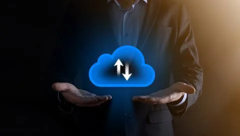 Businessman hold cloud icon.Cloud computing concept - connect smart phone to  Stock Photos