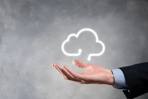 Businessman hold cloud icon.Cloud computing concept - connect smart phone to  스톡 사진