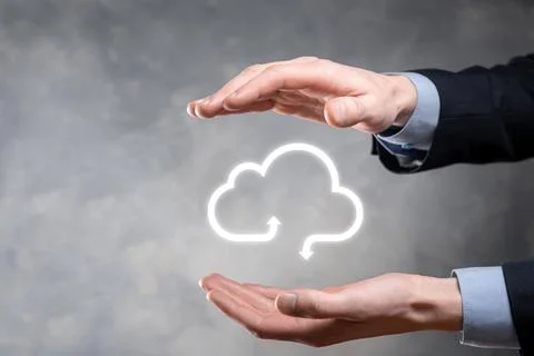 Businessman hold cloud icon.Cloud computing concept - connect smart phone to  Foto stock