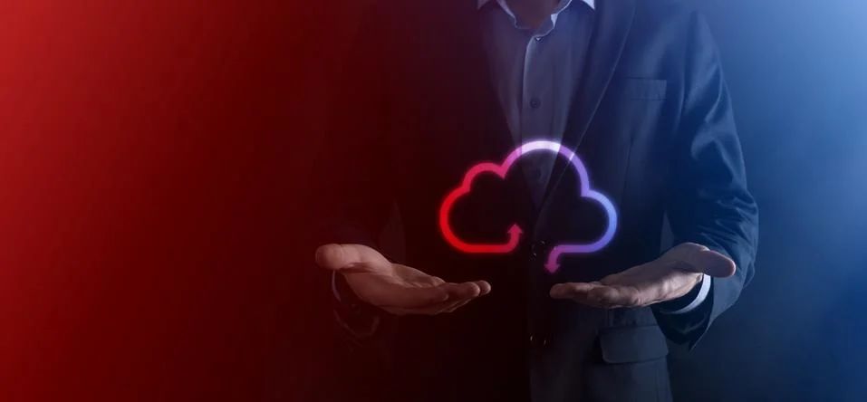 Businessman hold cloud icon.Cloud computing concept - connect smart phone to  스톡 사진