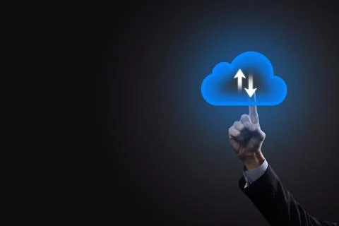 Businessman hold cloud icon.Cloud computing concept - connect smart phone to  Foto stock