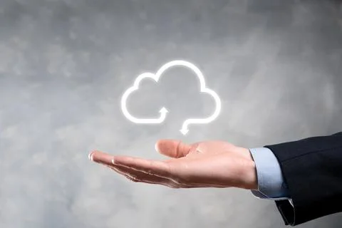 Businessman hold cloud icon.Cloud computing concept - connect smart phone to  스톡 사진