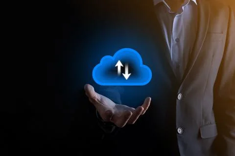 Businessman hold cloud icon.Cloud computing concept - connect smart phone to  스톡 사진