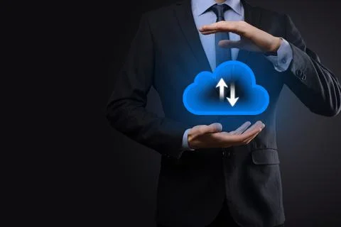 Businessman hold cloud icon.Cloud computing concept - connect smart phone to  Foto stock