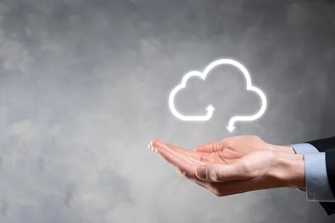 Businessman hold cloud icon.Cloud computing concept - connect smart phone to  스톡 사진