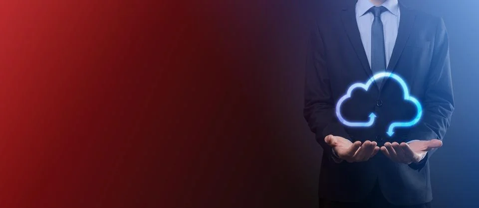 Businessman hold cloud icon.Cloud computing concept - connect smart phone to  Foto stock