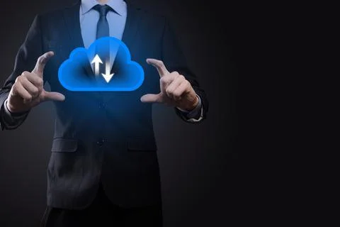 Businessman hold cloud icon.Cloud computing concept - connect smart phone to  Foto stock