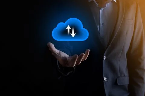 Businessman hold cloud icon.Cloud computing concept - connect smart phone to  스톡 사진