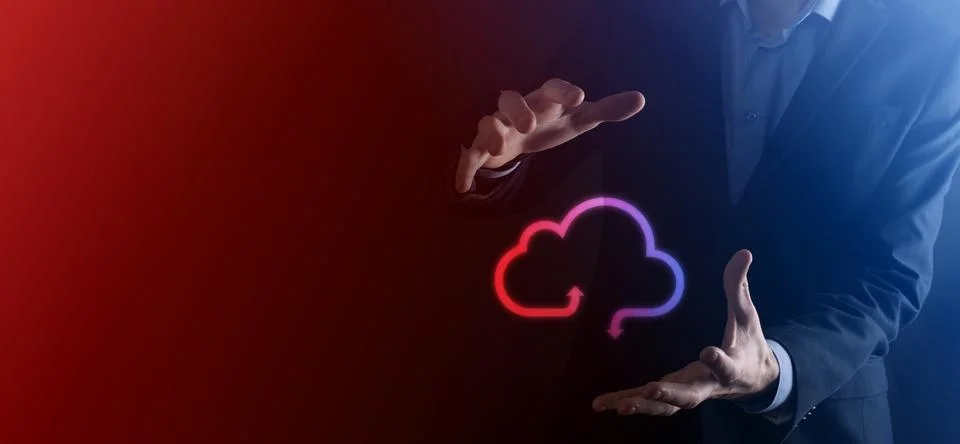 Businessman hold cloud icon.Cloud computing concept - connect smart phone to  스톡 사진