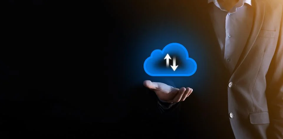Businessman hold cloud icon.Cloud computing concept - connect smart phone to  스톡 사진