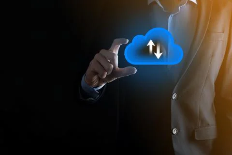 Businessman hold cloud icon.Cloud computing concept - connect smart phone to  Stock Photos