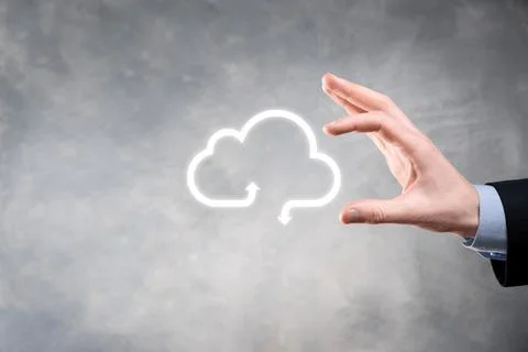 Businessman hold cloud icon.Cloud computing concept - connect smart phone to  스톡 사진