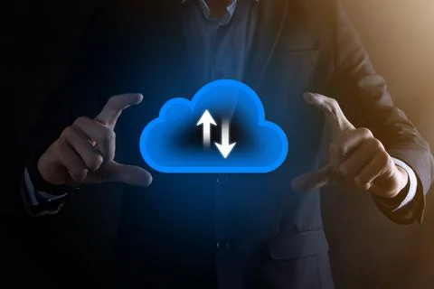 Businessman hold cloud icon.Cloud computing concept - connect smart phone to  Foto stock