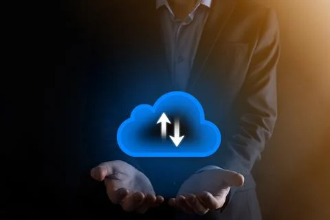 Businessman hold cloud icon.Cloud computing concept - connect smart phone to  Stock Photos