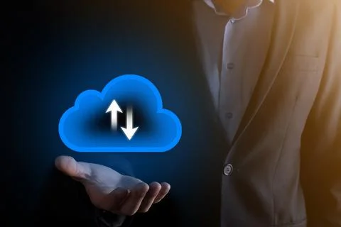 Businessman hold cloud icon.Cloud computing concept - connect smart phone to  스톡 사진