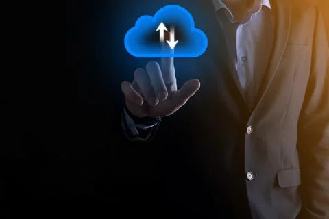Businessman hold cloud icon.Cloud computing concept - connect smart phone to  Stockfoto's