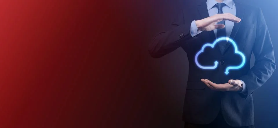 Businessman hold cloud icon.Cloud computing concept - connect smart phone to  스톡 사진