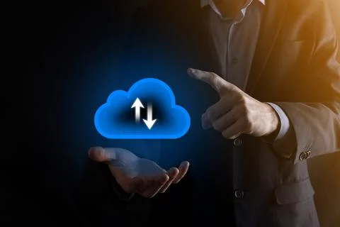 Businessman hold cloud icon.Cloud computing concept - connect smart phone to  Foto stock