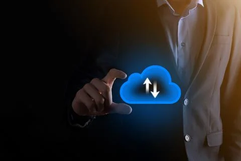 Businessman hold cloud icon.Cloud computing concept - connect smart phone to  Foto stock