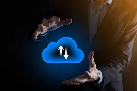 Businessman hold cloud icon.Cloud computing concept - connect smart phone to  스톡 사진