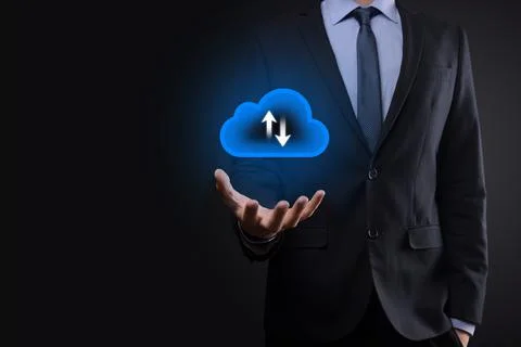 Businessman hold cloud icon.Cloud computing concept - connect smart phone to  Foto stock
