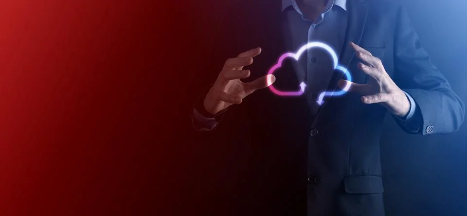 Businessman hold cloud icon.Cloud computing concept - connect smart phone to  스톡 사진