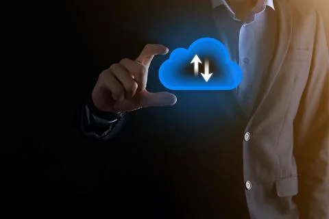 Businessman hold cloud icon.Cloud computing concept - connect smart phone to  Foto stock