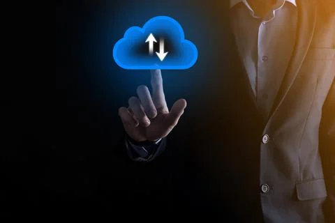 Businessman hold cloud icon.Cloud computing concept - connect smart phone to  Foto stock