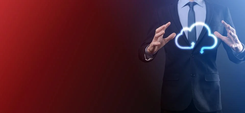 Businessman hold cloud icon.Cloud computing concept - connect smart phone to  Stock Photos