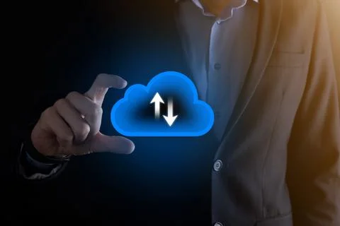 Businessman hold cloud icon.Cloud computing concept - connect smart phone to  Foto stock