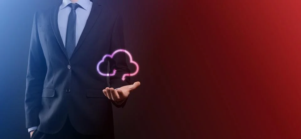 Businessman hold cloud icon.Cloud computing concept - connect smart phone to  스톡 사진