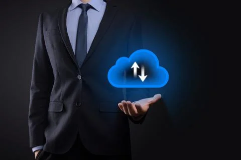 Businessman hold cloud icon.Cloud computing concept - connect smart phone to  Foto stock