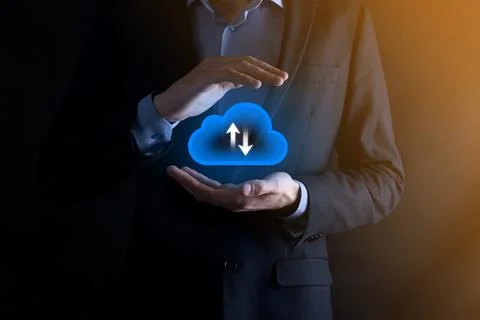 Businessman hold cloud icon.Cloud computing concept - connect smart phone to  Foto stock
