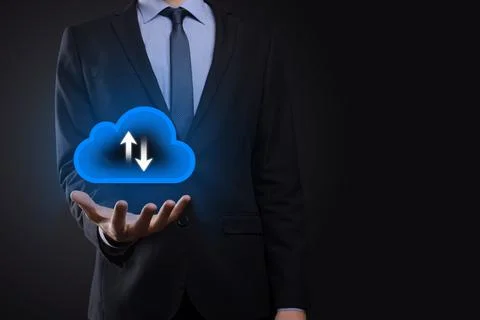 Businessman hold cloud icon.Cloud computing concept - connect smart phone to  스톡 사진