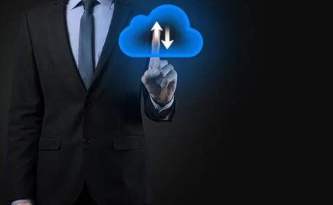 Businessman hold cloud icon.Cloud computing concept - connect smart phone to  Foto stock