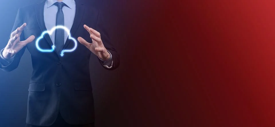 Businessman hold cloud icon.Cloud computing concept - connect smart phone to  Stock Photos