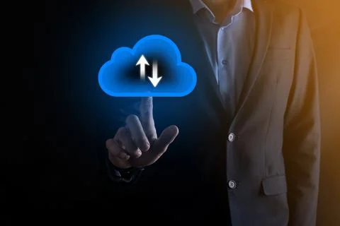 Businessman hold cloud icon.Cloud computing concept - connect smart phone to  스톡 사진