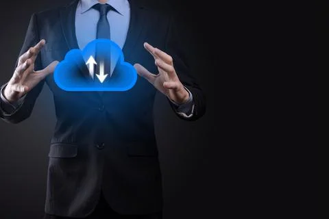 Businessman hold cloud icon.Cloud computing concept - connect smart phone to  스톡 사진