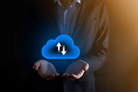 Businessman hold cloud icon.Cloud computing concept - connect smart phone to  Foto stock